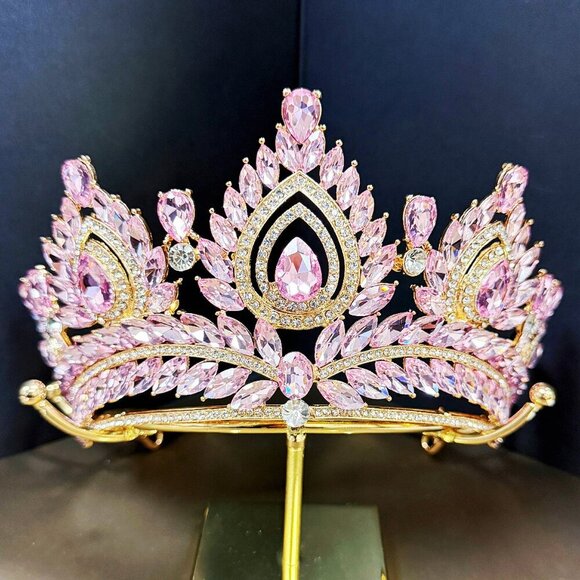 Quinceanera Crown, Pink Rhinestone Crown, Large Size Crown, Gold Crystal Crown - Picture 1 of 7